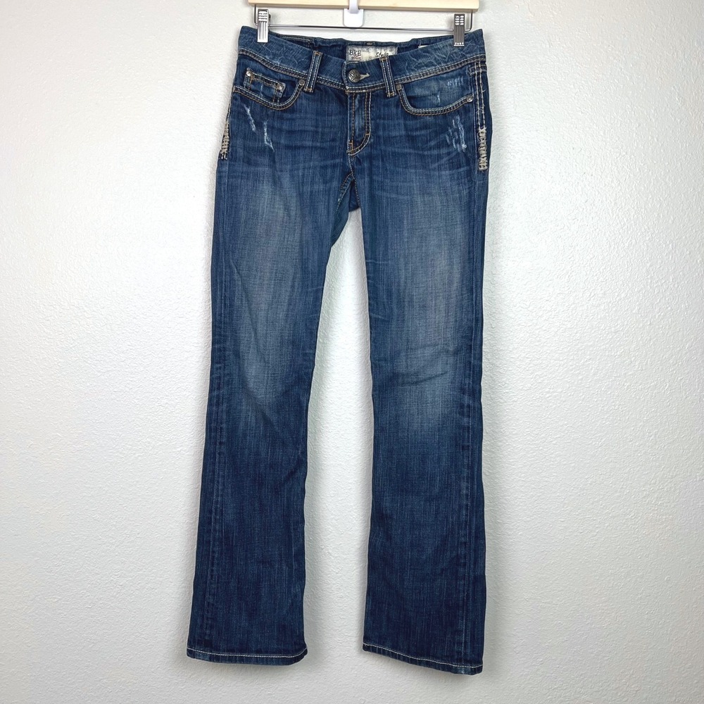 BKE Stella Slim Bootcut Jeans Womens 28 x 31.5 Dark Wash Low Rise Distressed - Picture 2 of 13